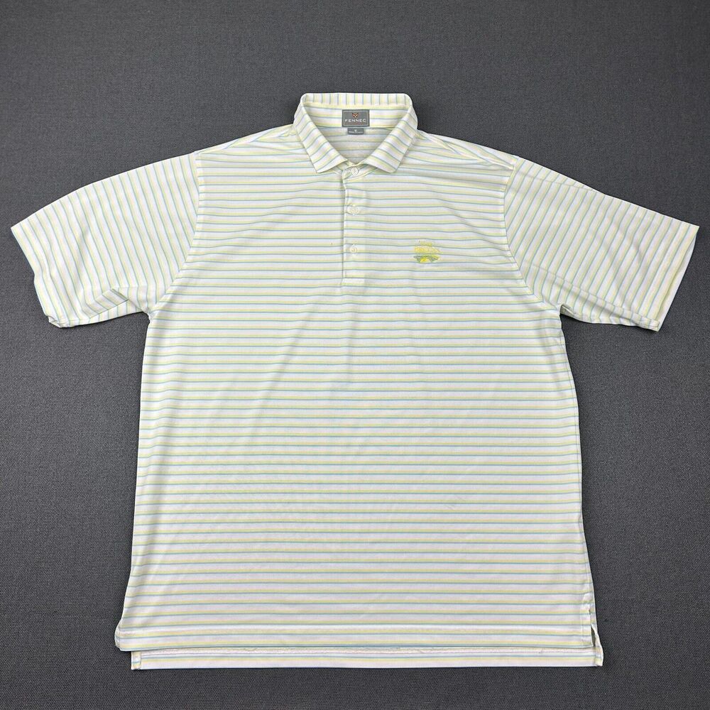 Fennec Polo‎ Shirt Mens XL White Yellow Blue Striped Golf The Bridges Golf Club